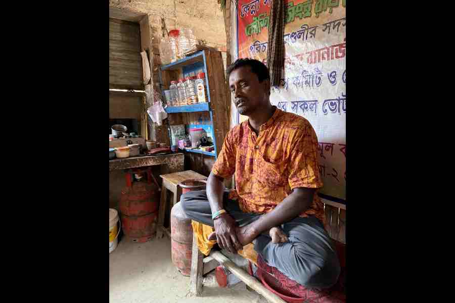 Nitish Mondal at Seema Dakua’s tea stall at Uttar Kailashpur on Wednesday