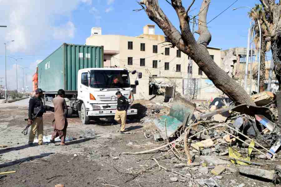 Police officers inspect the site after militant attacks in Quetta, Pakistan, February 1, 2026.
