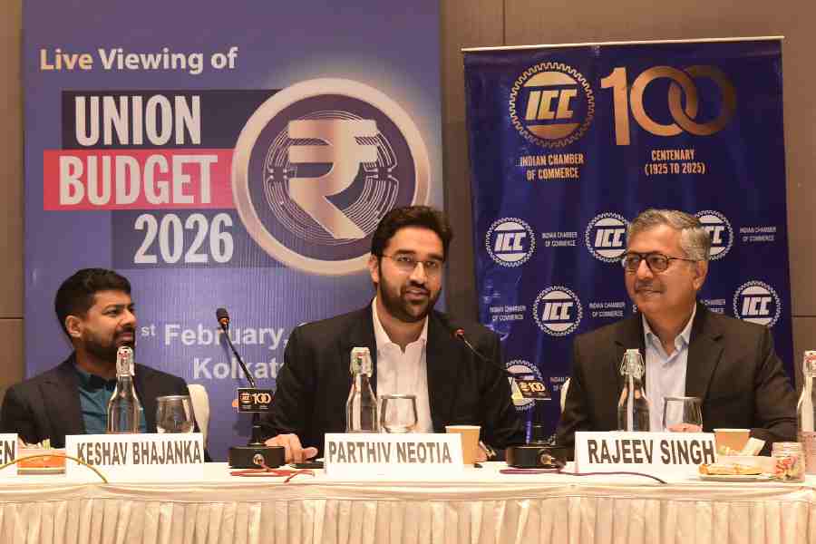 Keshav Bhajanka, Parthiv Neotia and Rajeev Singh at the Indian Chamber of Commerce’s budget discussion event at ITC Royal Bengal