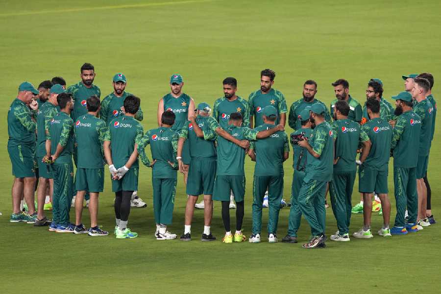 Pakistani players during a practice session ahead of the ICC Men's Cricket World Cup 2023 match between India and Pakistan at Narendra Modi Stadium, in Ahmedabad. The Pakistan Cricket Board (PCB) will take a final call on participating in the men's T20 World Cup either on Friday or next Monday, chairman Mohsin Naqvi said after meeting Prime Minister Shehbaz Sharif