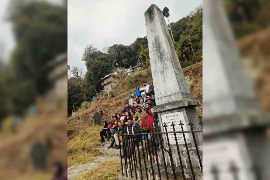 Darjeeling residents gather near Gen GW Aylmer Llyod's memorial column at the Old British Cemetery to celebrate Darjeeling's 'birthday' on Sunday