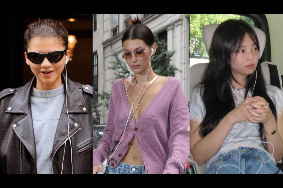 (Left to right) Zendaya, Bella Hadid and Blackpink’s Jennie sporting wired headphones