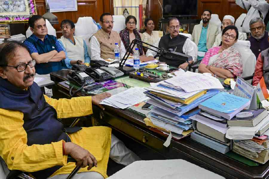 Speaker Biman Banerjee (left) conducts an all-party meeting at the Assembly on Monday, ahead of the state budget session that starts from Tuesday.