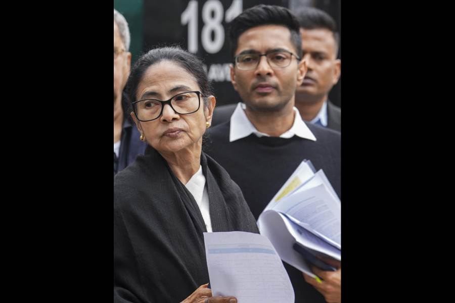 Mamata Banerjee and Abhishek Banerjee in New Delhion Monday.