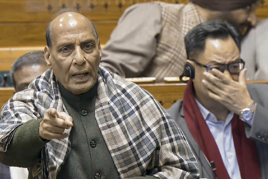 Defence Minister Rajnath Singh speaks in the Lok Sabha during the Budget session of Parliament, in New Delhi, Monday, Feb. 2, 2026.