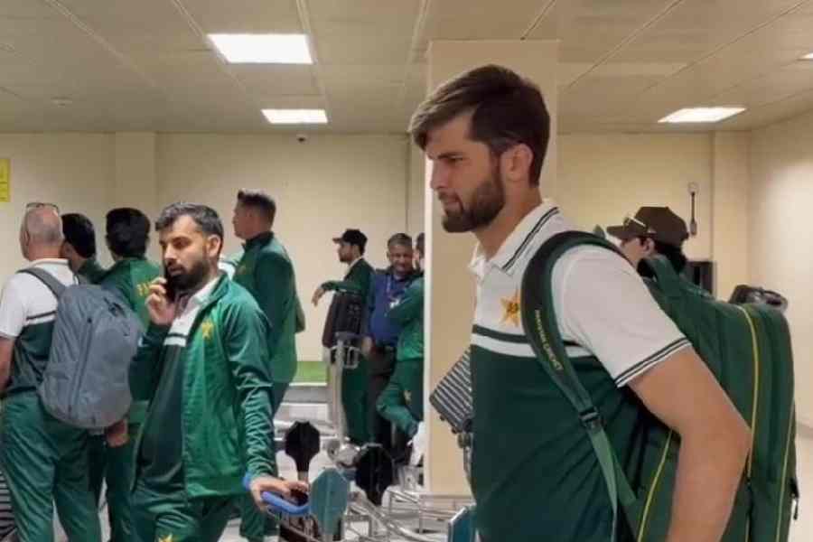 Shaheen Shah Afridi on arrival with the Pakistan team in Colombo, ahead of the T20 World Cup, in a picture shared on X 