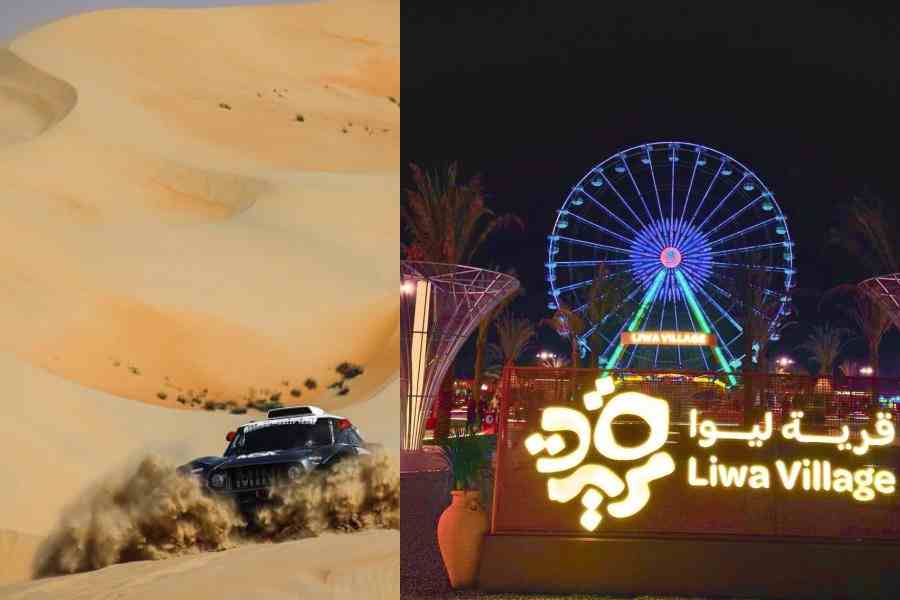 Adventure sport on the dunes is a highlight of the Liwa International Festival, (right) Liwa Village is a fun family zone with carnival-like atmosphere
