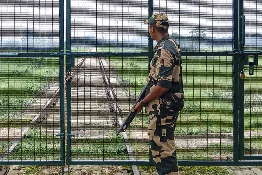 A security personnel stands guard near India-Bangladesh border in Malda district.