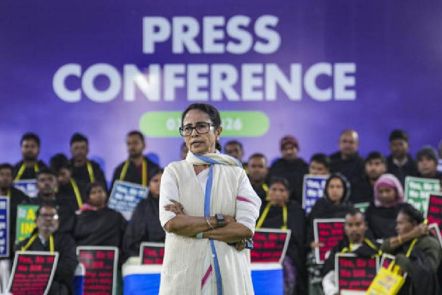 Mamata Banerjee during the media conference in New Delhi on Tuesday. Trinamool sources said Mamata had sought permission to appear in the Supreme Court on Wednesday in connection with the case she and other party leaders had filed against the Election Commission over the SIR drive in Bengal.