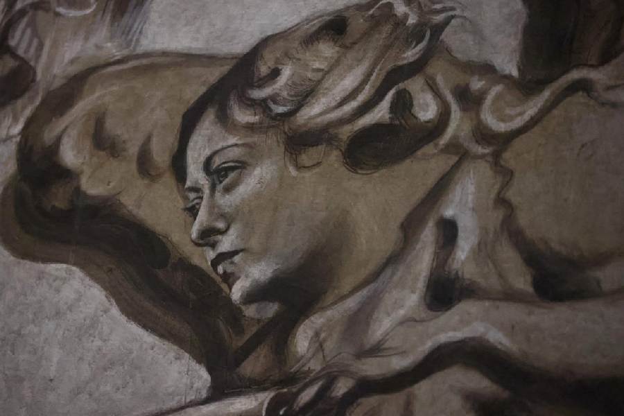 A restored angel fresco is displayed inside the Basilica of St. Lawrence in Lucina following controversy over an alleged resemblance to Italian Prime Minister Giorgia Meloni, in Rome, Italy.