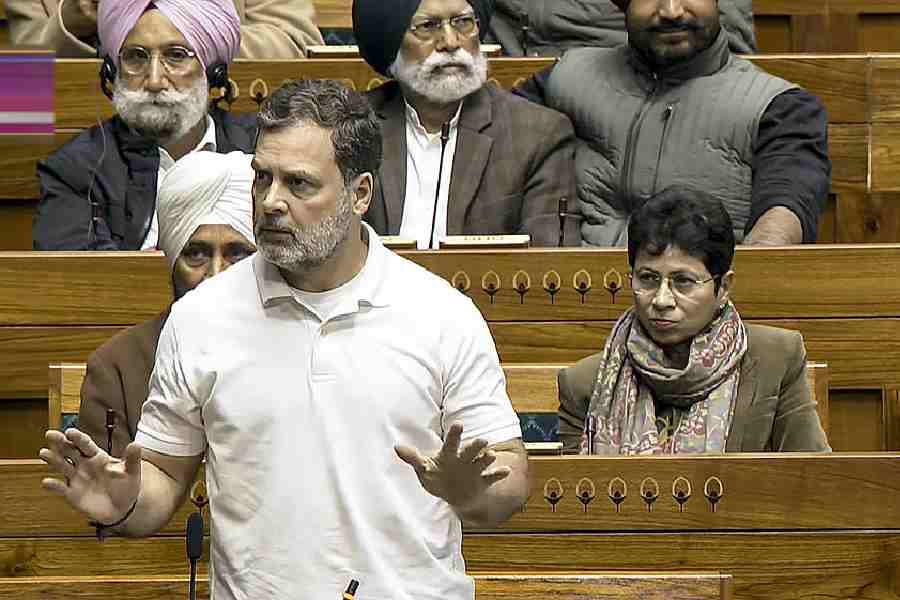 Leader of Opposition in the Lok Sabha Rahul Gandhi, Congress MP KC Venugopal, and others in the House during the Budget session of Parliament, in New Delhi, Tuesday, Feb. 3, 2026.