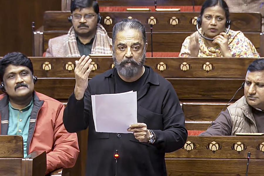 Makkal Needhi Maiam (MNM) MP Kamal Haasan speaks in the Rajya Sabha during the Budget session of Parliament, in New Delhi, Wednesday, Feb. 4, 2026.