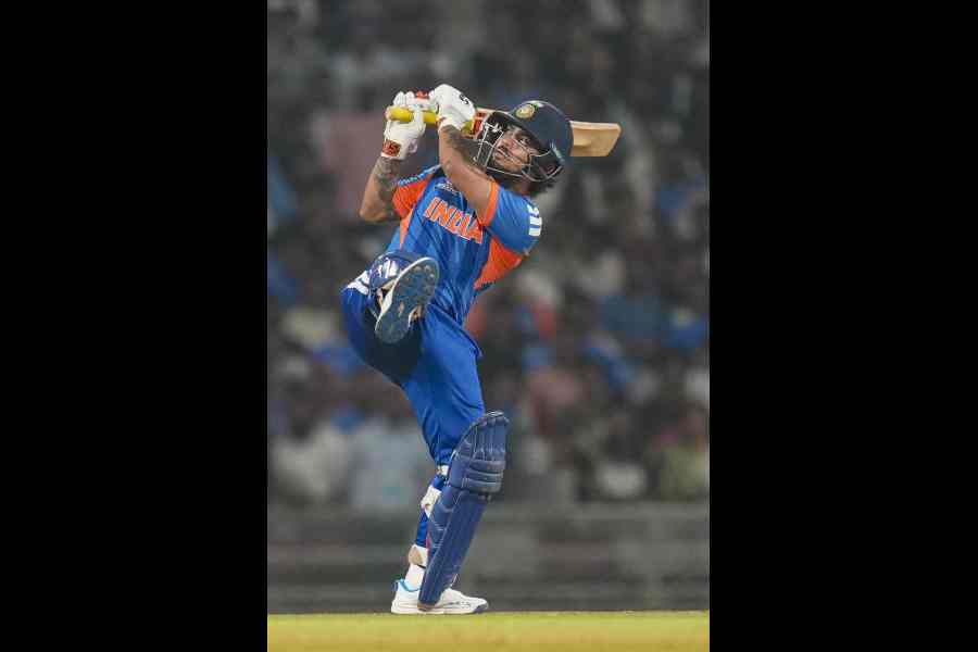 Ishan Kishan during the defending champions’ warm-up game against South Africa at the DY Patil Stadium in Navi Mumbai on Wednesday.
