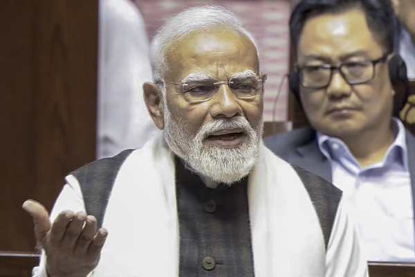 Prime Minister Narendra Modi replies to the Motion of Thanks to the President's address in the Rajya Sabha during the Budget session of Parliament