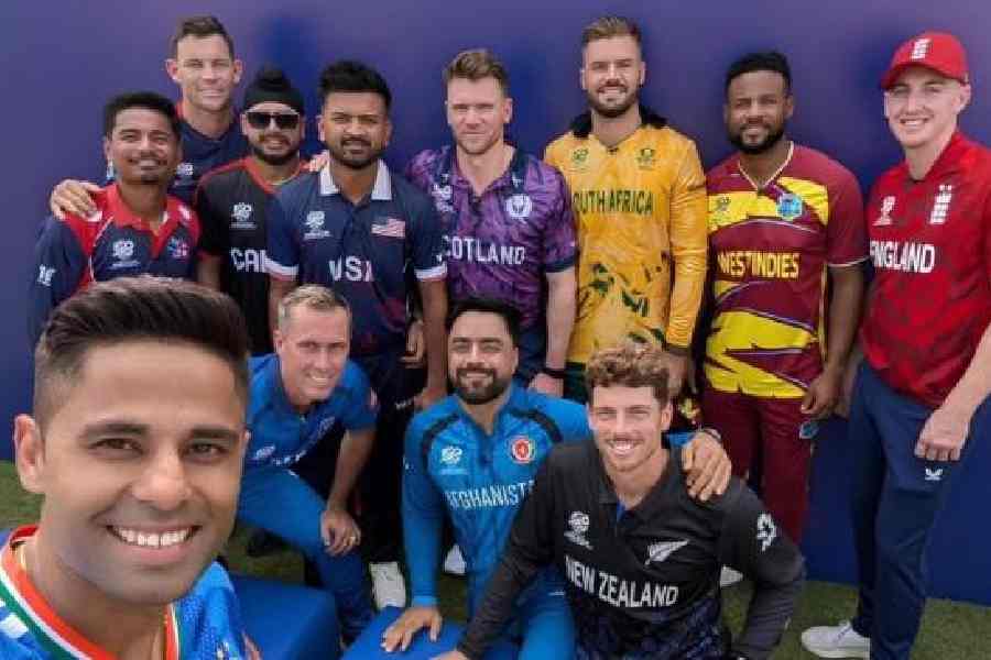 Suryakumar Yadav with some of his fellow captains, in Mumbai ahead of the T20 World Cup opener, in a picture shared on X on Thursday