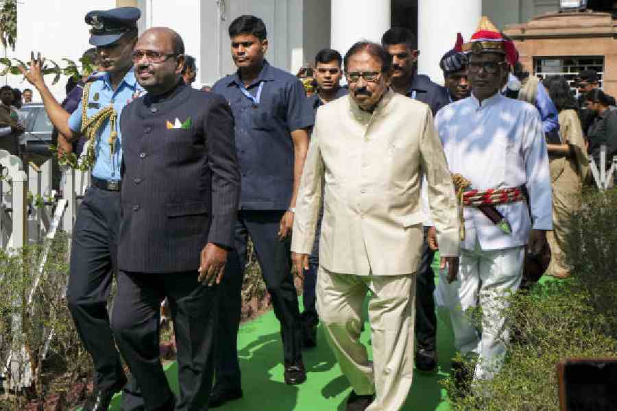 Governor CV Ananda Bose with Speaker Biman Banerjee at the Assembly on Thursday. (PTI picture)