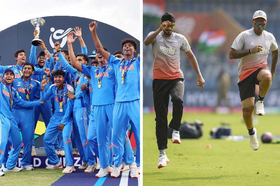 Indian U19 Team after winning the World Cup Title (L) / Surya Kumar Yadav and Arshdeep Singh in practice ahead of T20 World Cup opener against USA
