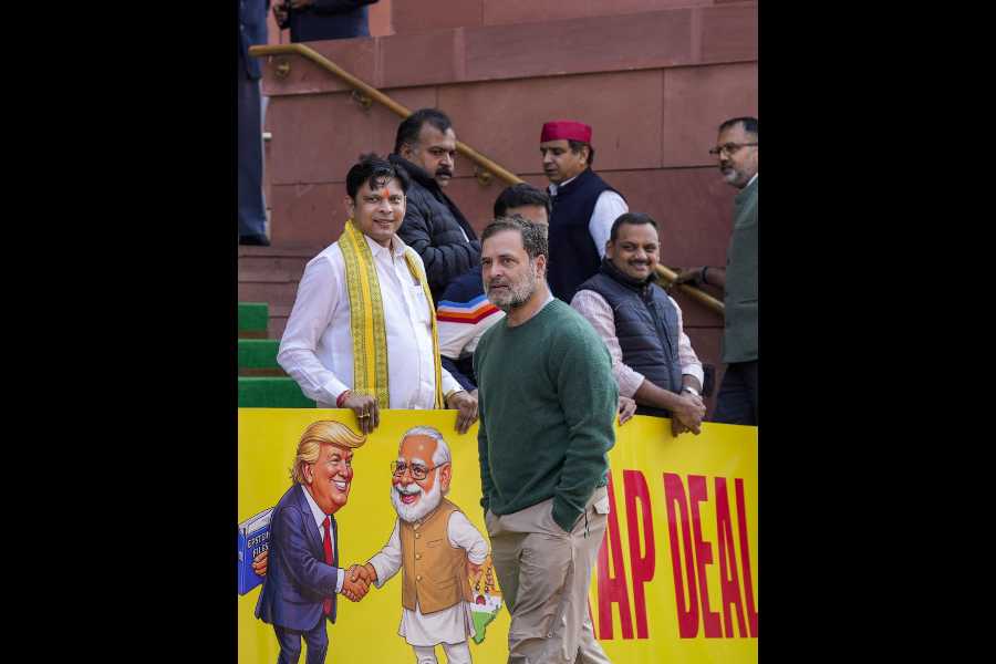 Rahul Gandhi with Congress MPs during a protest outside Parliament on Friday. 