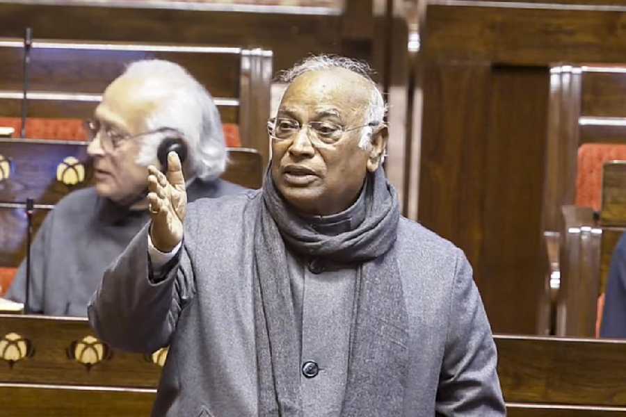 Mallikarjun Kharge speaks in the Rajya Sabha on Friday. 