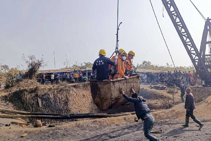Search operation underway at the coal mine in Meghalaya’s East Jaintia Hills district on Friday.