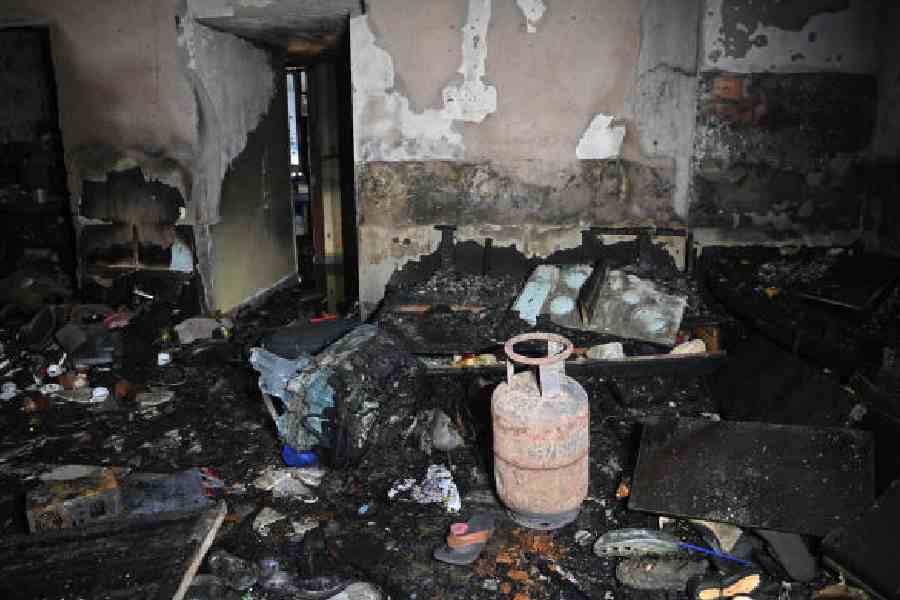 One of the rooms of the flat destroyed in the fire in Garfa on Friday. Pictures by Sanat Kr Sinha