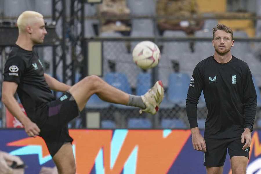 Jos Buttler and Will Jacks (left) at England’s training session in Mumbai on Friday.