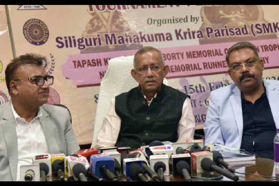 Siliguri mayor Gautam Deb addresses the media in Siliguri on Friday. Picture by Passang Yolmo
