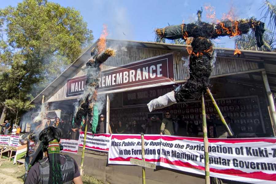 Agitators during a rally, jointly organised by Kuki Women Organisation for Human Rights (KWOHR) and Women Wing of Indigneous Tribal Leaders Forum (ITLF), to protest the participation of three Kuki-Zo-Hmar MLAs in the formation of a popular government in the state, in Churachandpur district of Manipur, Friday, Feb. 6, 2026.