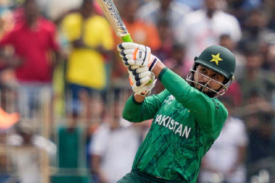 Pakistan's Faheem Ashraf plays a shot during the T20 World Cup cricket match between Netherlands and Pakistan in Colombo, Sri Lanka, Saturday, Feb. 7, 2026.