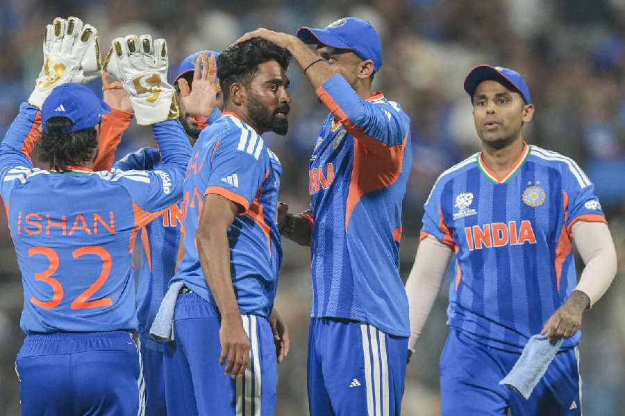Mohammed Siraj with teammates celebrates after taking the wicket of USA's Andries Gous