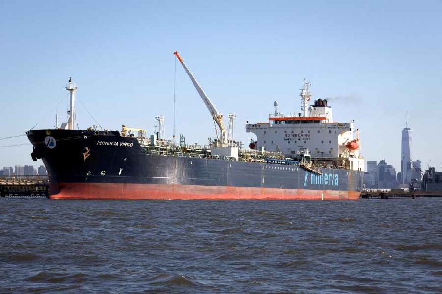 The oil tanker Minerva Virgo, docked at the oil terminal, is seen after leaving a Russian port around the time that nation invaded Ukraine in late February
