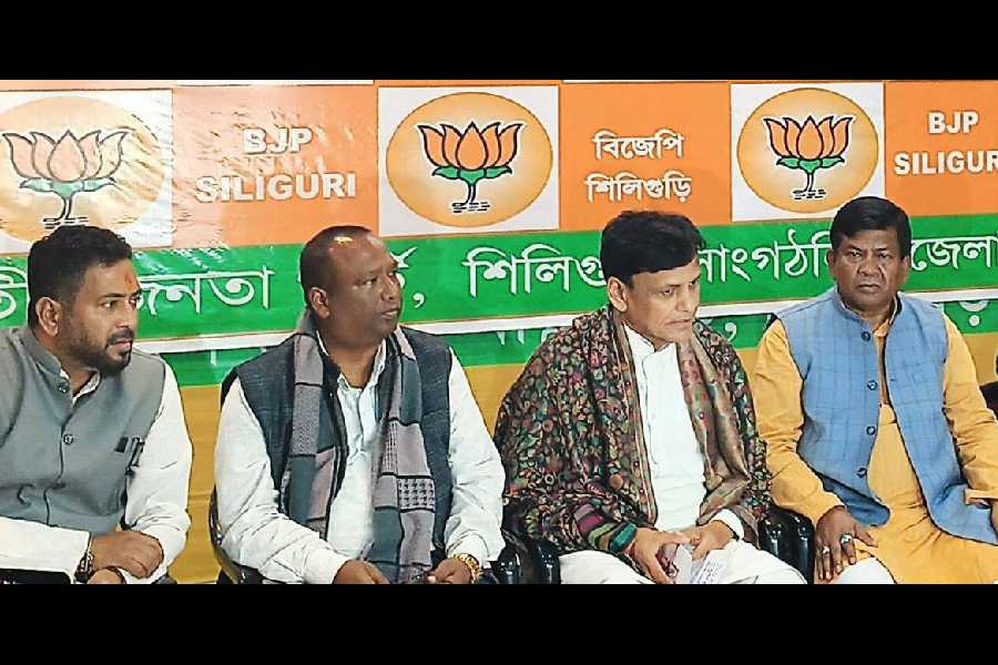 Nityananda Rai (second from right) with BJP leaders in the party office in Siliguri on Saturday