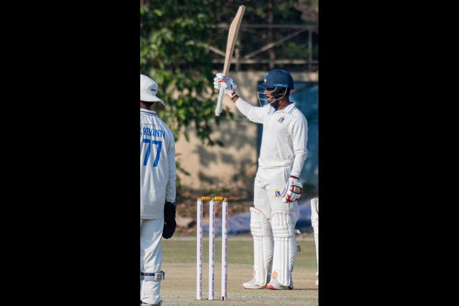 Centurion Sudip Gharami on Day II of Bengal’s Ranji quarter-final on Saturday.