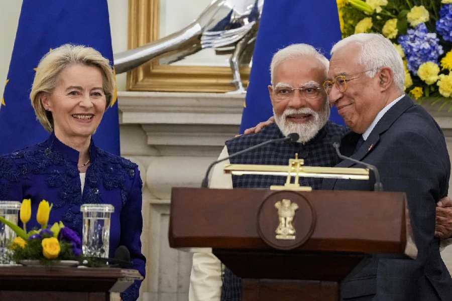 Prime Minister Narendra Modi with European Council President Antonio Costa, right, and European Commission President Ursula von der Leyen