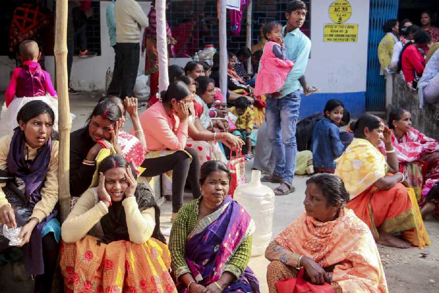 People wait for document verification amid hearings under the SIR at a centre in Balurghat on Saturday.