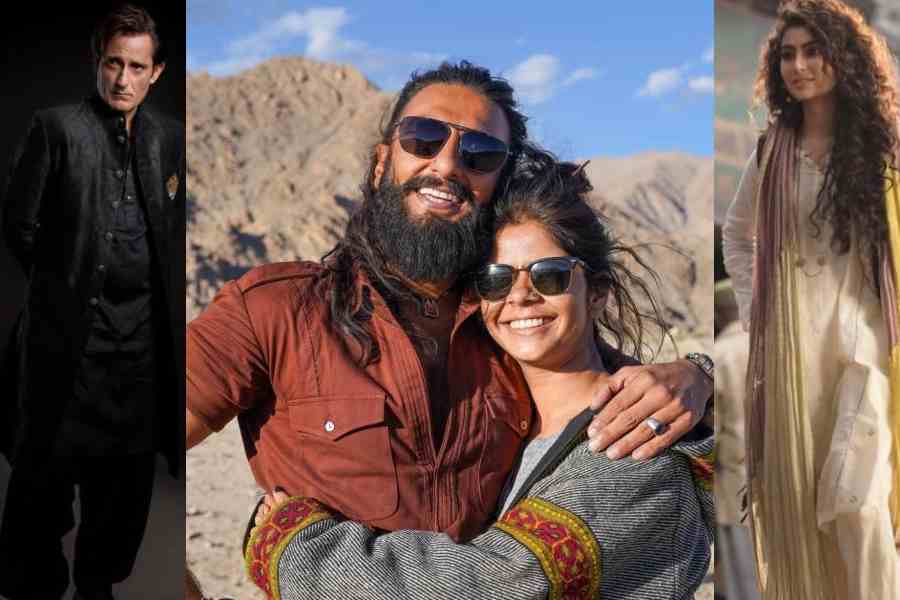 Akshaye Khanna as Rehman Dakait in Dhurandhar, Costume designer Smriti Chauhan with Ranveer Singh on the sets of the film, Sara Arjun as Yalina
