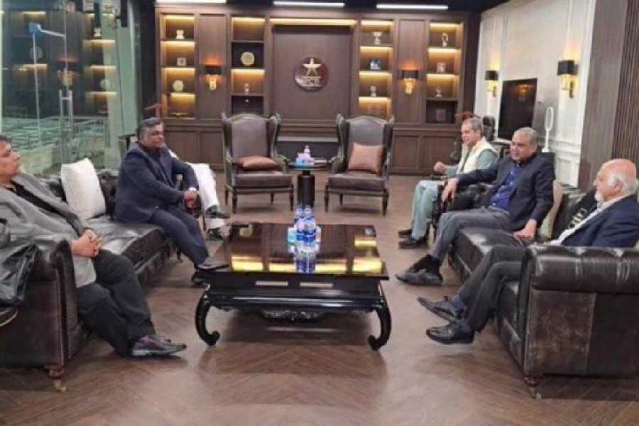 PCB chairman Mohsin Naqvi (second from right) with ICC and BCB officials in Lahore