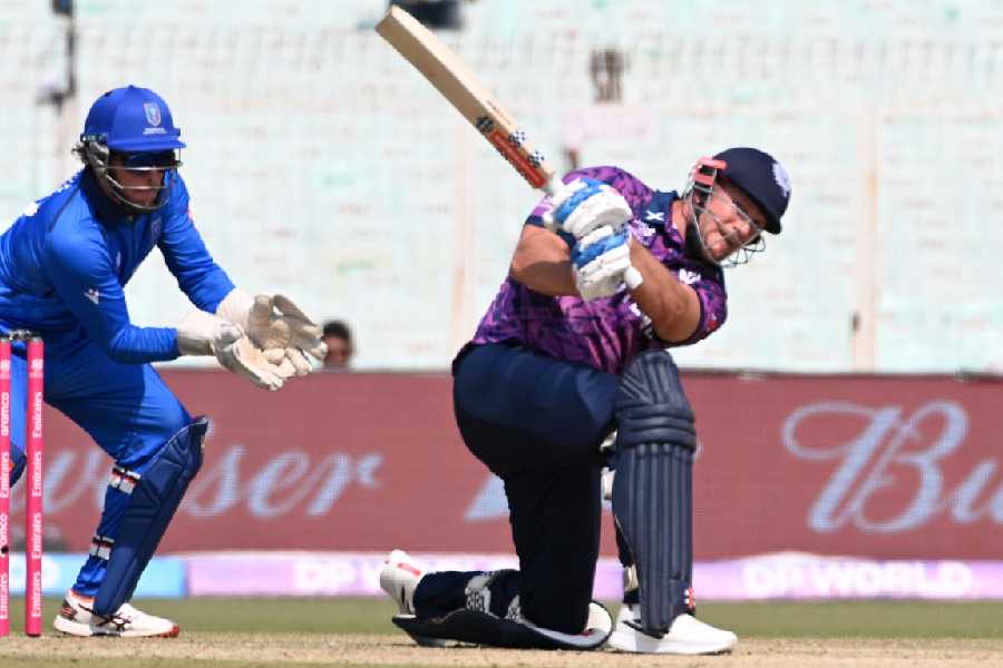 Scotland opener George Munsey during his 54-ball 84 at Eden Gardens on Monday.