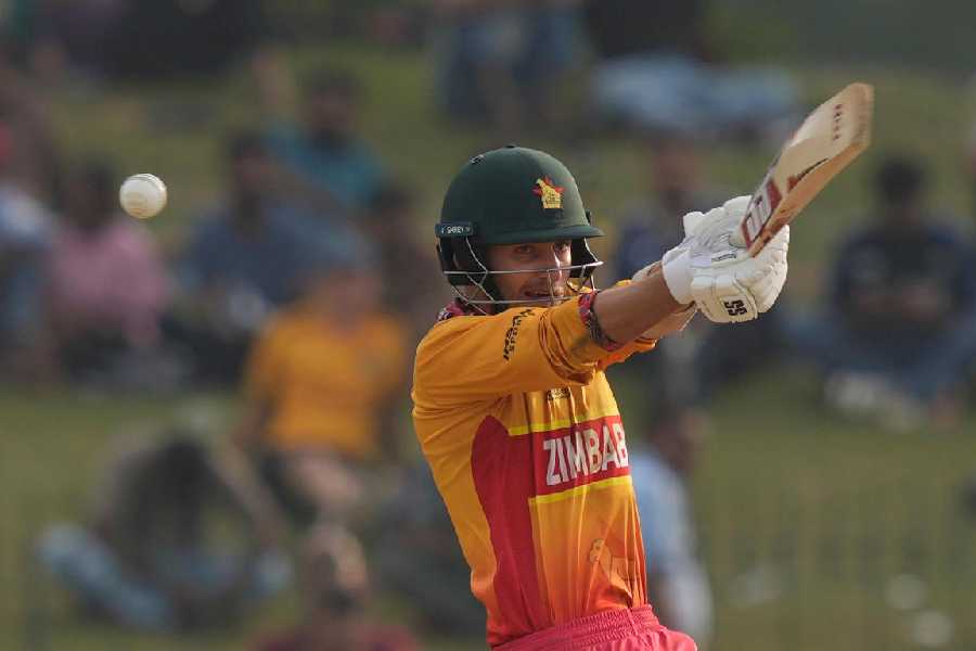 Zimbabwe’s Brian Bennett in an aggressive mood against Oman in Colombo on Monday.