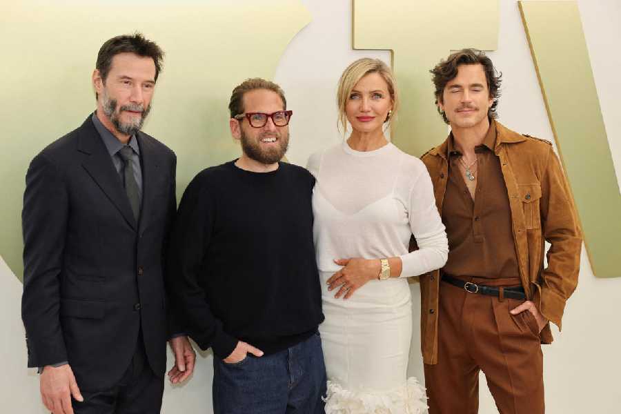 Keanu Reeves, Jonah Hill, Cameron Diaz and Matt Bomer attend the red carpet during the Apple TV Press Day at the Barker Hangar in Santa Monica.  