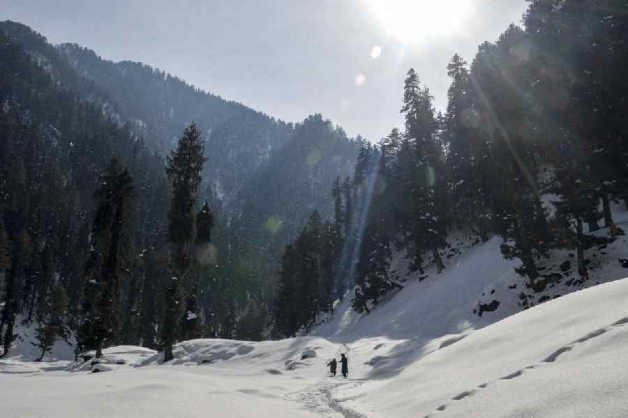 People make their way through a snow-covered area, at Dedbal Kapran area, in Anantnag district, Jammu and Kashmir