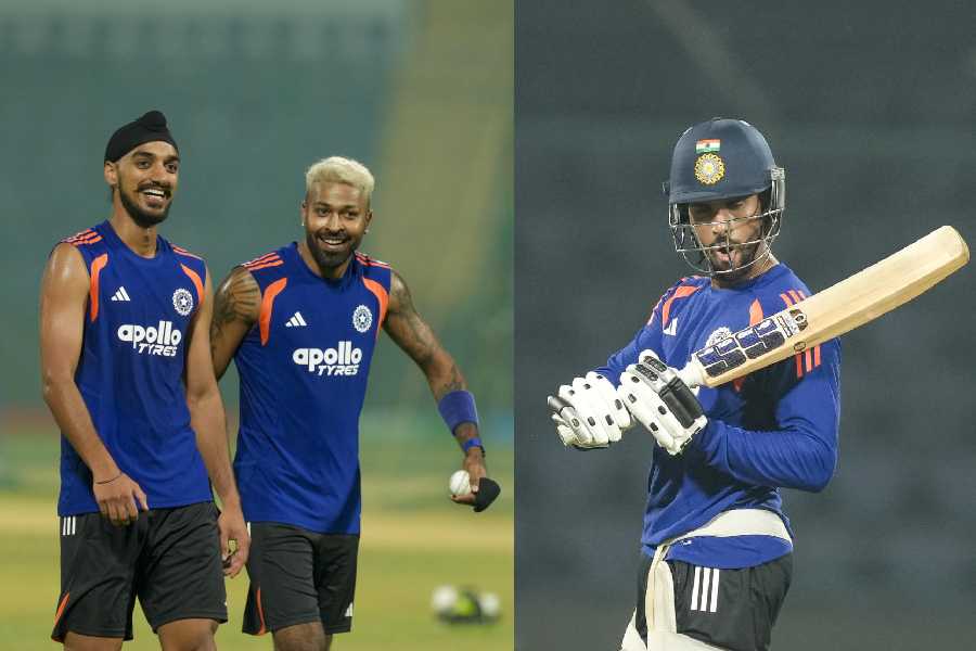 Arshdeep Singh and Hardik Pandya and (picture right) Tilak Varma at India’s training session in New Delhion Tuesday. India play Namibia on Thursday.