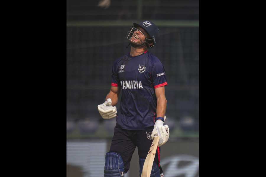 Namibia's captain Gerhard Erasmus reacts after losing his wicket during the ICC Men's T20 World Cup 2026 cricket match between Namibia and Netherlands, at Arun Jaitley Stadium, in New Delhi, Tuesday, Feb. 10, 2026.
