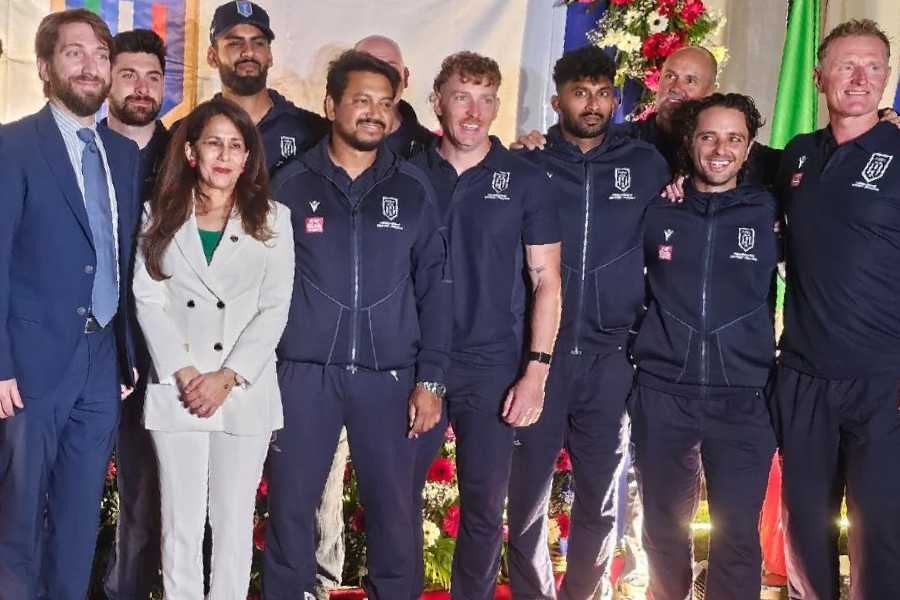 Italian team media manager Rakbir Hasan with players and officials, as well as the consul general Riccardo Dalla Costa, at the Italian consulate general