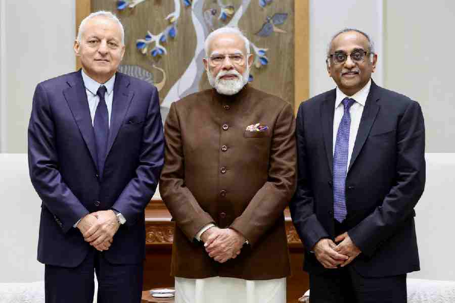 In this image posted on Feb. 11, 2026, Prime Minister Narendra Modi during a meeting with Rolls-Royce CEO Tufan Erginbilgic and Rolls Royce India Executive Vice President Sashi Mukundan, in New Delhi.