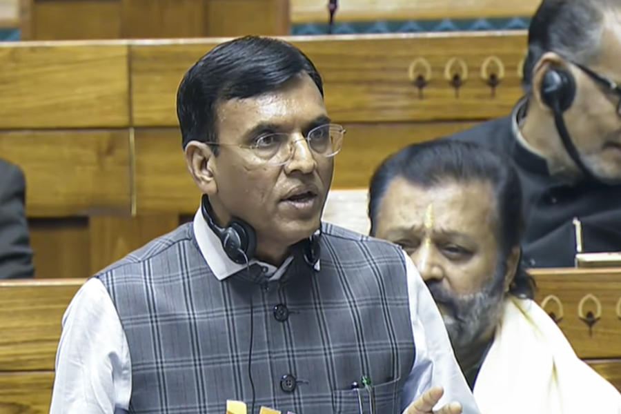 Union Minister Mansukh Mandaviya speaks in the Lok Sabha during the Budget session of Parliament, in New Delhi, Thursday, Feb. 12, 2026.
