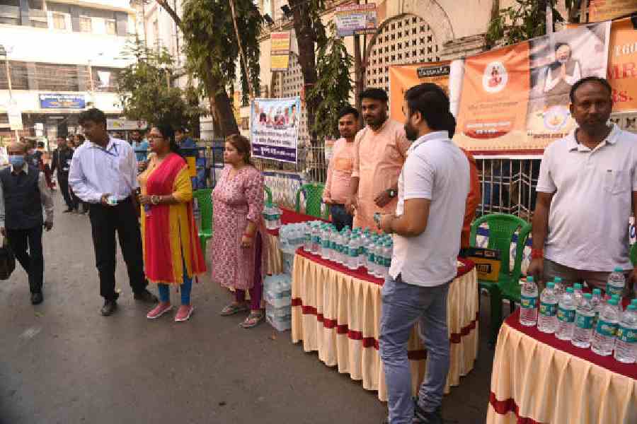 The desk set up by BJP’s Yuva Morcha outside Sanskrit Collegiate School on Thursday morning. (Bishwarup Dutta)