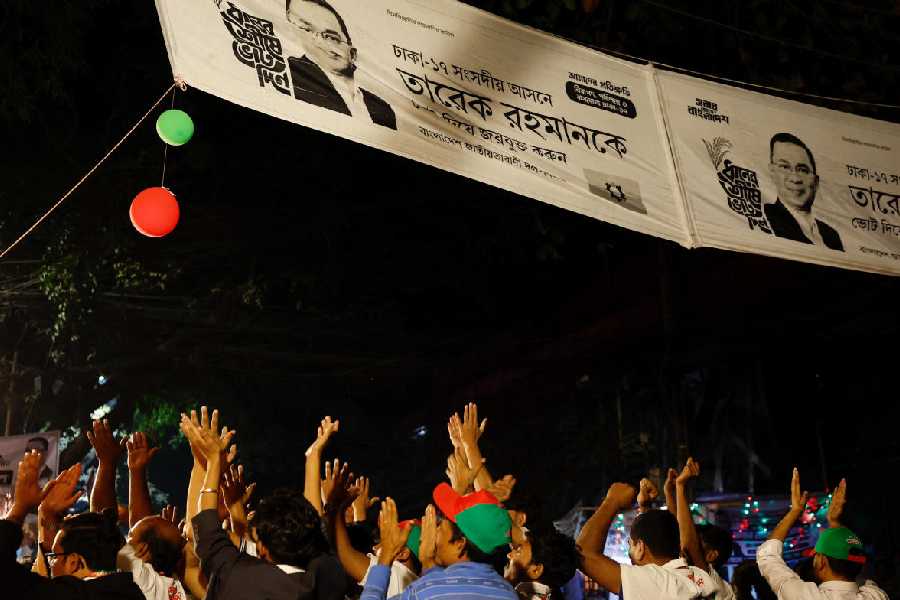 Supporters of the Bangladesh Nationalist Party (BNP) chant slogans as they celebrate unofficial news of Tarique Rahman's win in his constituency in the 13th general election near the party's Gulshan office in Dhaka, Bangladesh, February 12, 2026.