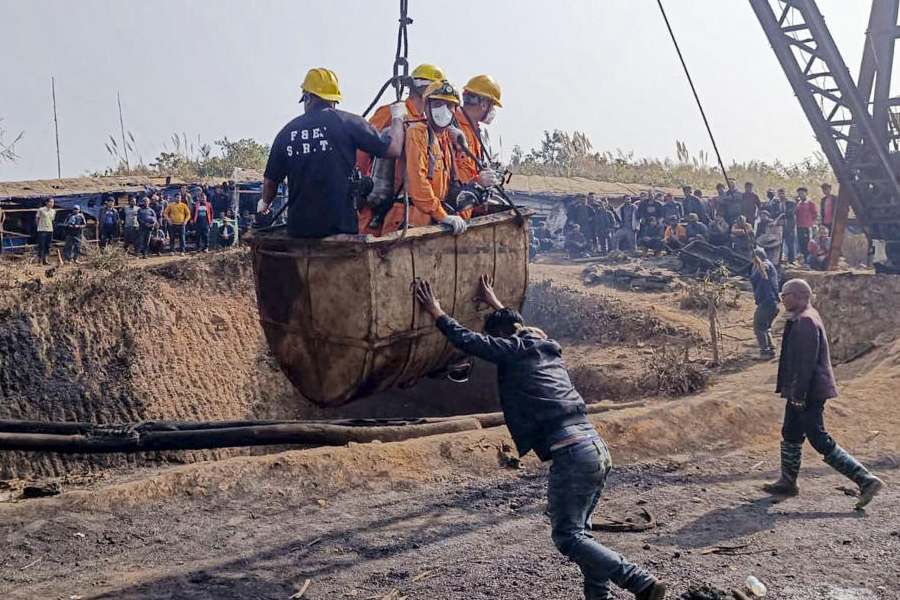 Search and rescue operation underway after an explosion in an illegal coal mining site at Thangsku area, in East Jaintia Hills district, Meghalaya, Friday, Feb. 6, 2026.