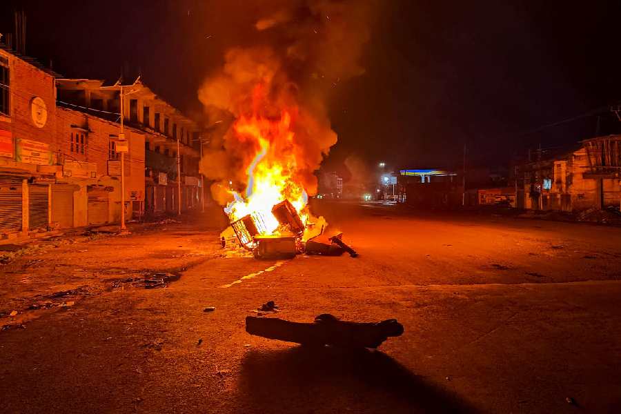 Tyres and construction materials set on fire during the 2023 ethnic violence in Manipur